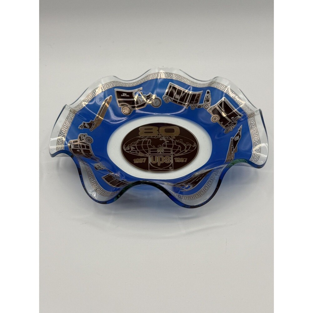 Vintage UPS 80th Anniversary Glass Ruffled Bowl Dish 1907-1987 Blue Decor